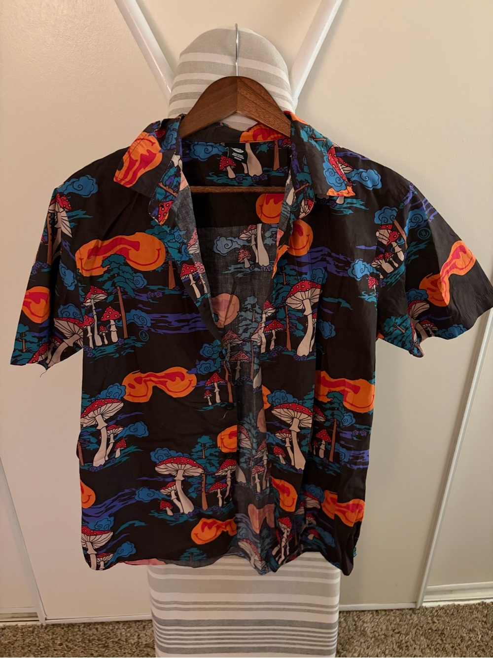 Neff Black Short-Sleeve Button-Down with Orange and Blue Mushroom Print